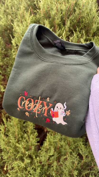 Cozy Reader Embroidered Crewneck Sweater